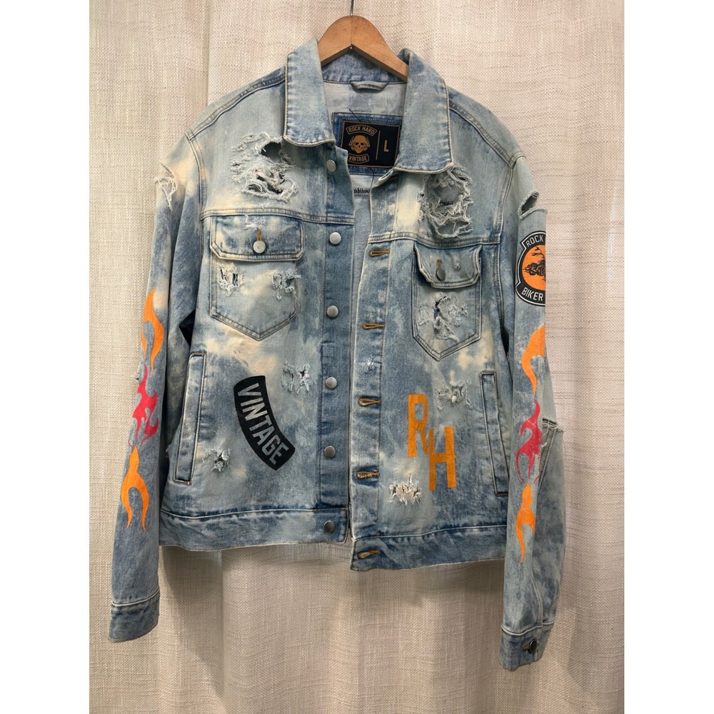 Rock Hard Vintage Custom Mens Large Vintage Jean Jacket Boutique Trucker Cotton